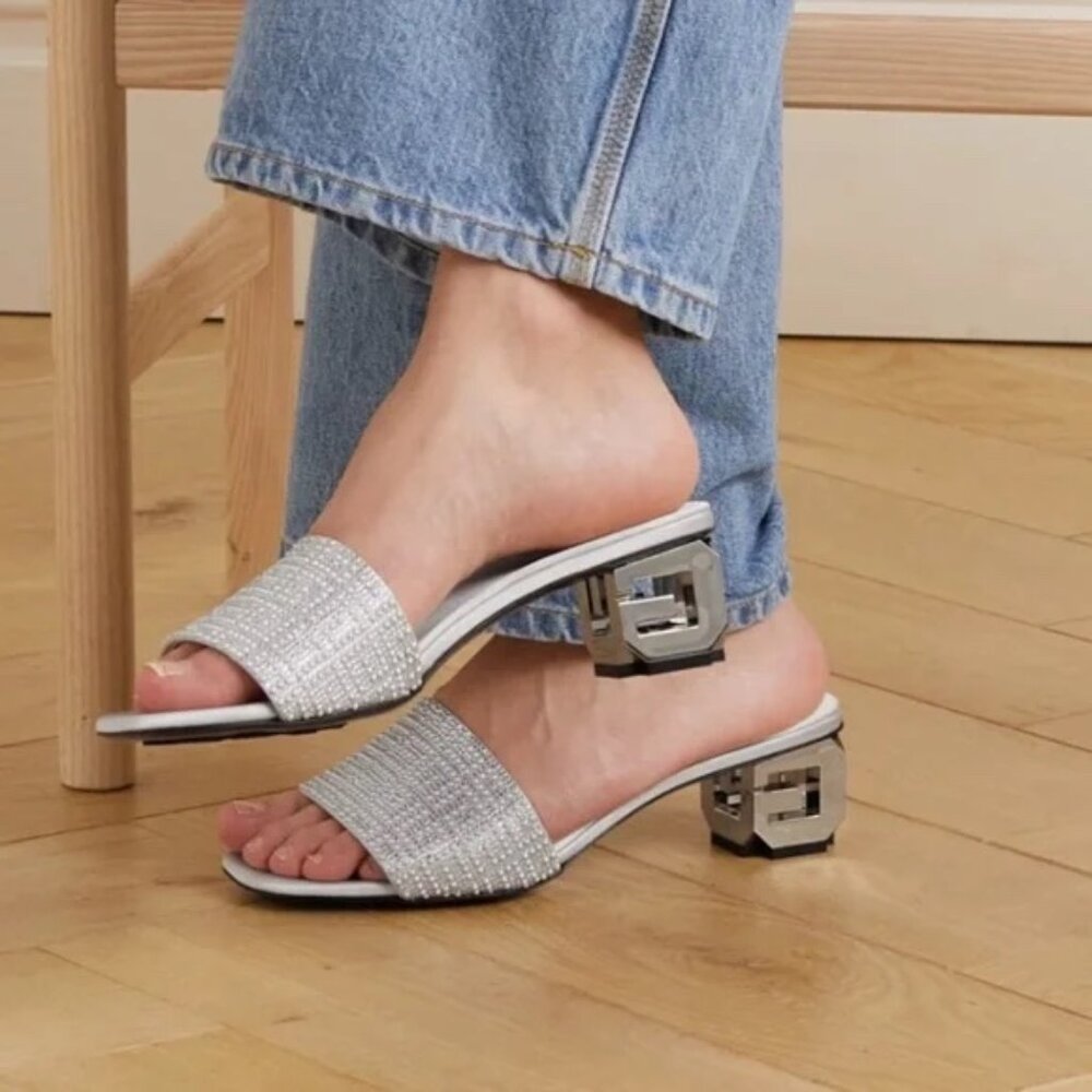 NEW |‎ Givenchy G Cube Silver Embellished Satin Sandal Mule Italian Size 35